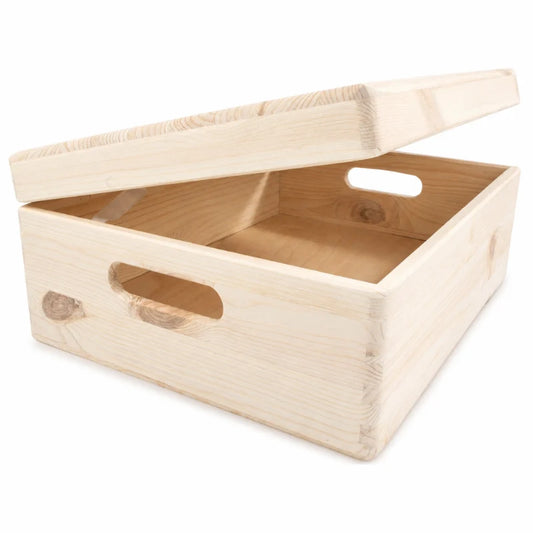 Large Shallow Unfinished Pine Wooden Storage Box with Hinged Lid & Cut-Out Handles