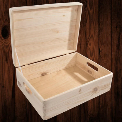 Large Shallow Unfinished Pine Wooden Storage Box with Hinged Lid & Cut-Out Handles