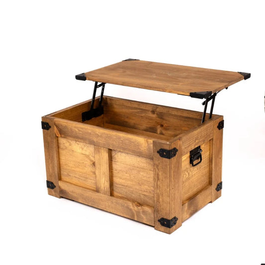 Handcrafted Solid Pine Wooden Storage Chest with Hinged Lid, Rustic Coffee Table & Toy Storage Bench