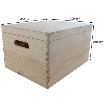 Large Unfinished Pine Wooden Storage Box with Hinged Lid & Cut-Out Handles | Toy Chest, Craft & Keepsake Storage
