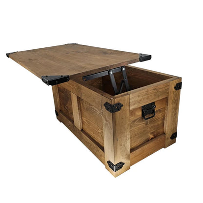 Handcrafted Solid Pine Wooden Storage Chest with Hinged Lid, Rustic Coffee Table & Toy Storage Bench