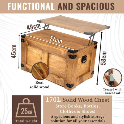 Handcrafted Solid Pine Wooden Storage Chest with Hinged Lid, Rustic Coffee Table & Toy Storage Bench