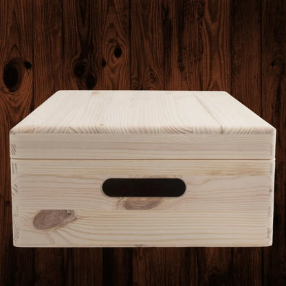 Large Shallow Unfinished Pine Wooden Storage Box with Hinged Lid & Cut-Out Handles