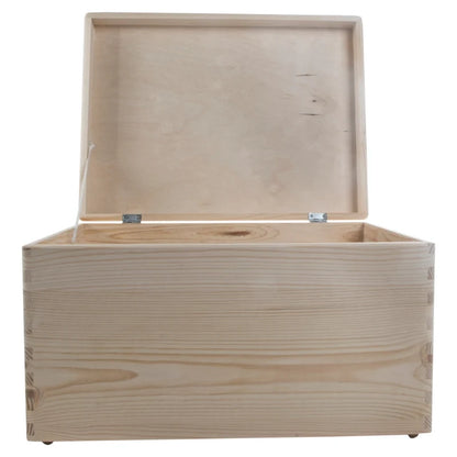 Large Unfinished Pine Wooden Storage Box with Hinged Lid & Cut-Out Handles | Toy Chest, Craft & Keepsake Storage