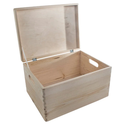 Large Unfinished Pine Wooden Storage Box with Hinged Lid & Cut-Out Handles | Toy Chest, Craft & Keepsake Storage