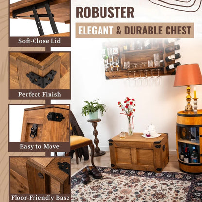 Handcrafted Solid Pine Wooden Storage Chest with Hinged Lid, Rustic Coffee Table & Toy Storage Bench