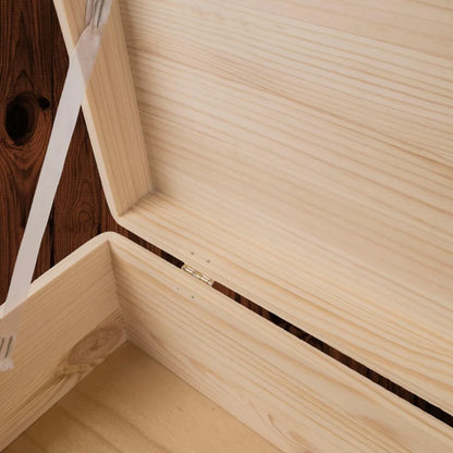 Large Shallow Unfinished Pine Wooden Storage Box with Hinged Lid & Cut-Out Handles