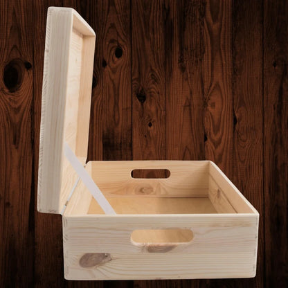 Large Shallow Unfinished Pine Wooden Storage Box with Hinged Lid & Cut-Out Handles