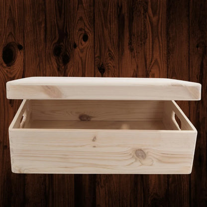 Large Shallow Unfinished Pine Wooden Storage Box with Hinged Lid & Cut-Out Handles